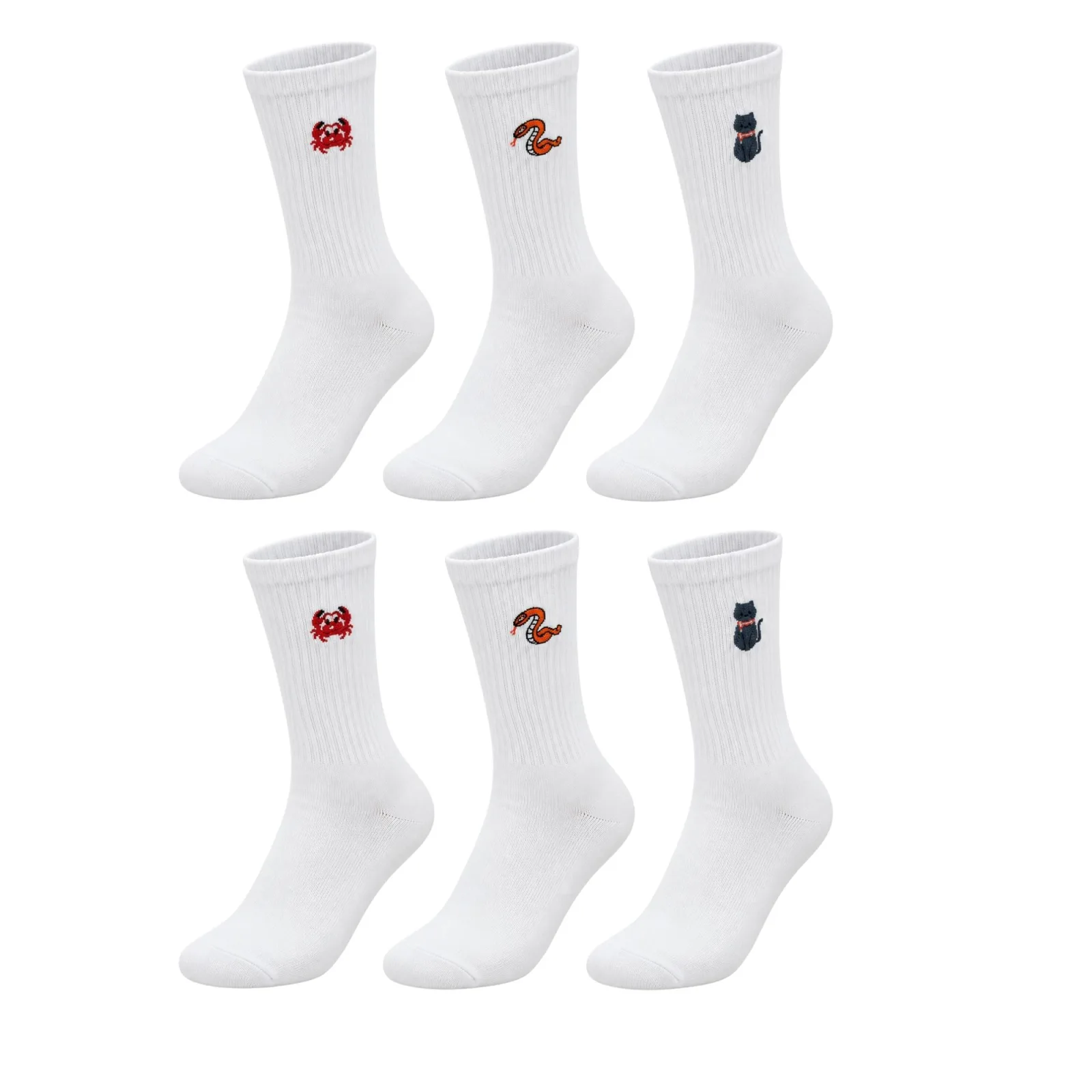 UNİSEX Çorap Beyaz Hayvan Nakışlı 6'lı Set Yengeç Yılan Kedi Desenli Uzun Soket Günlük Spor Çorabı - Unisex Çorap