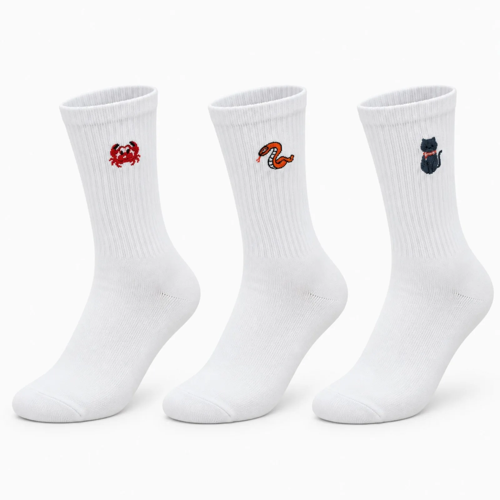 UNİSEX Çorap Beyaz Hayvan Nakışlı 3'lü Set Yengeç Yılan Kedi Desenli Uzun Soket Günlük Spor Çorabı - Unisex Çorap