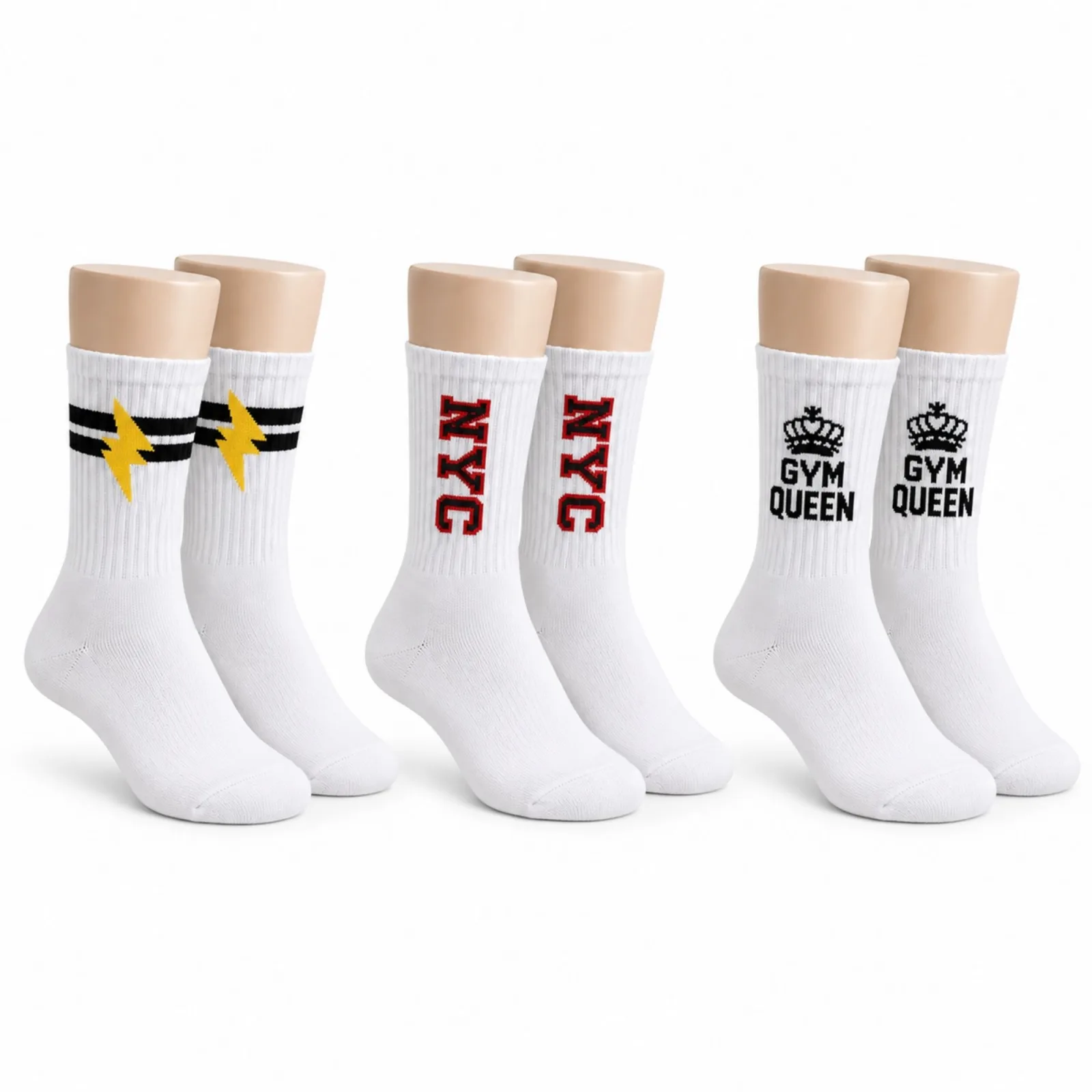 Kadın Spor Çorap Beyaz Yazılı 3'lü Set Uzun Soket Pamuklu Dikişsiz Nefes Alan Spor Konforlu Çoraplar - Unisex Çorap