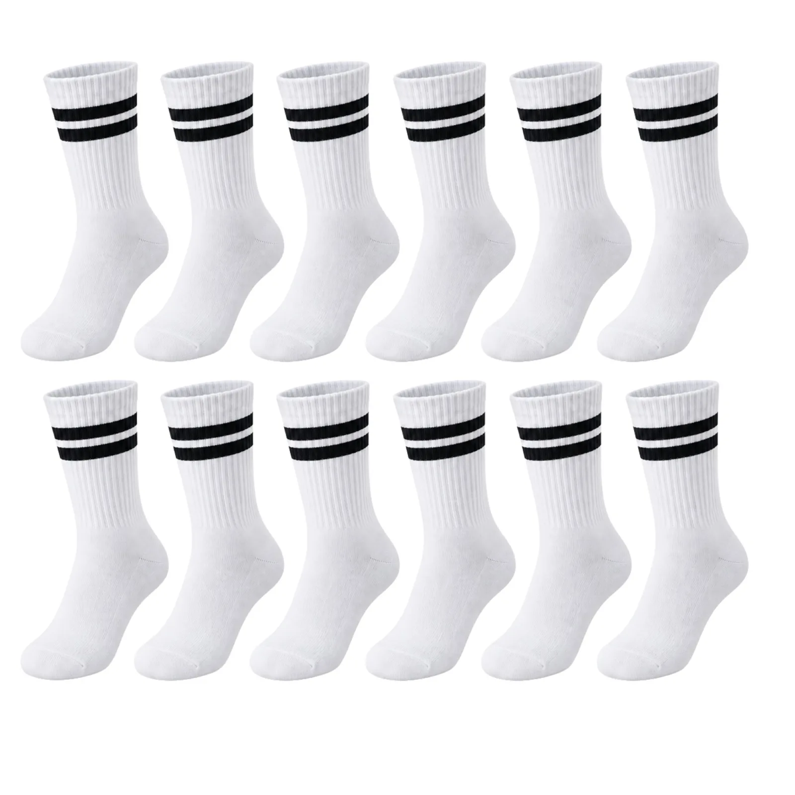 Unisex Beyaz Çorap Siyah Çizgili 12'li Set Uzun Soket Günlük Spor Kolej Stil Kadın Erkek Çorabı - Unisex Çorap