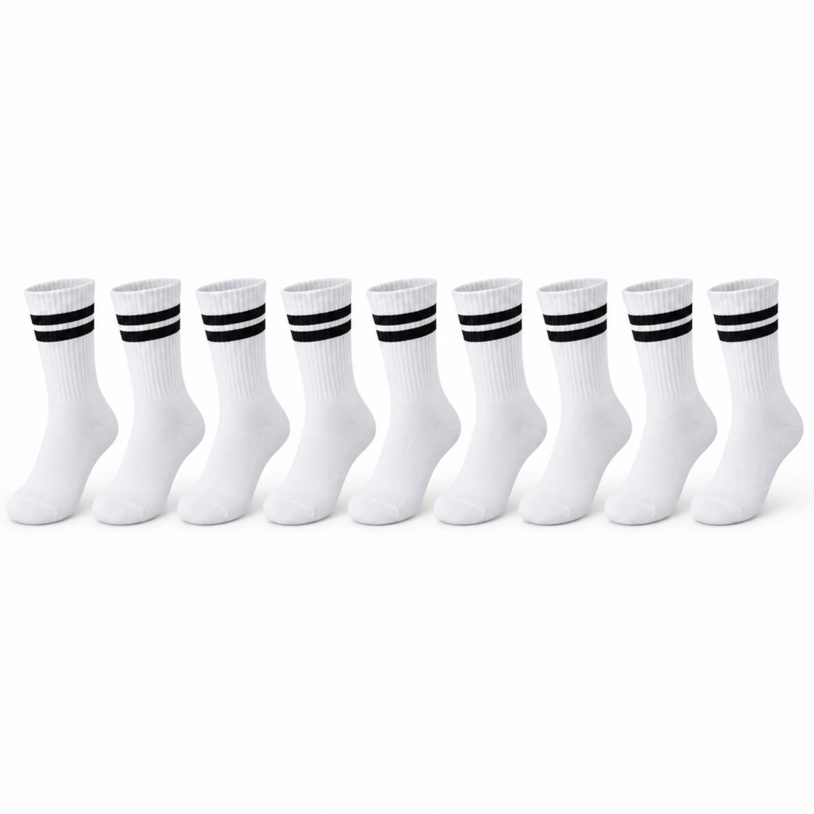 Unisex Beyaz Çorap Siyah Çizgili 9'lu Set Uzun Soket Günlük Spor Kolej Stil Kadın Erkek Çorabı - Unisex Çorap