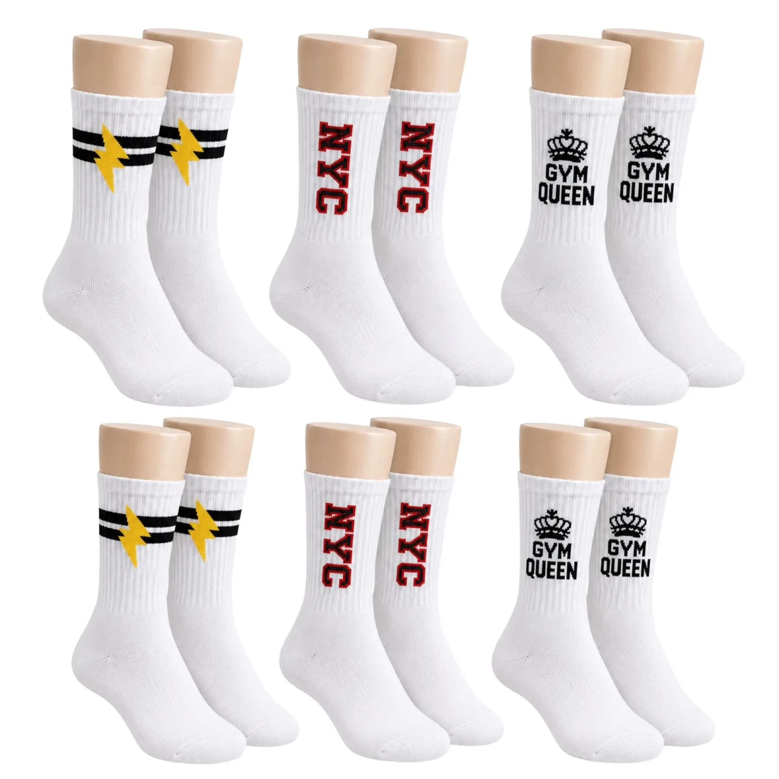 Kadın Spor Çorap Beyaz Yazılı 6'lı Set Uzun Soket Pamuklu Dikişsiz Nefes Alan Spor Konforlu Çoraplar - Unisex Çorap
