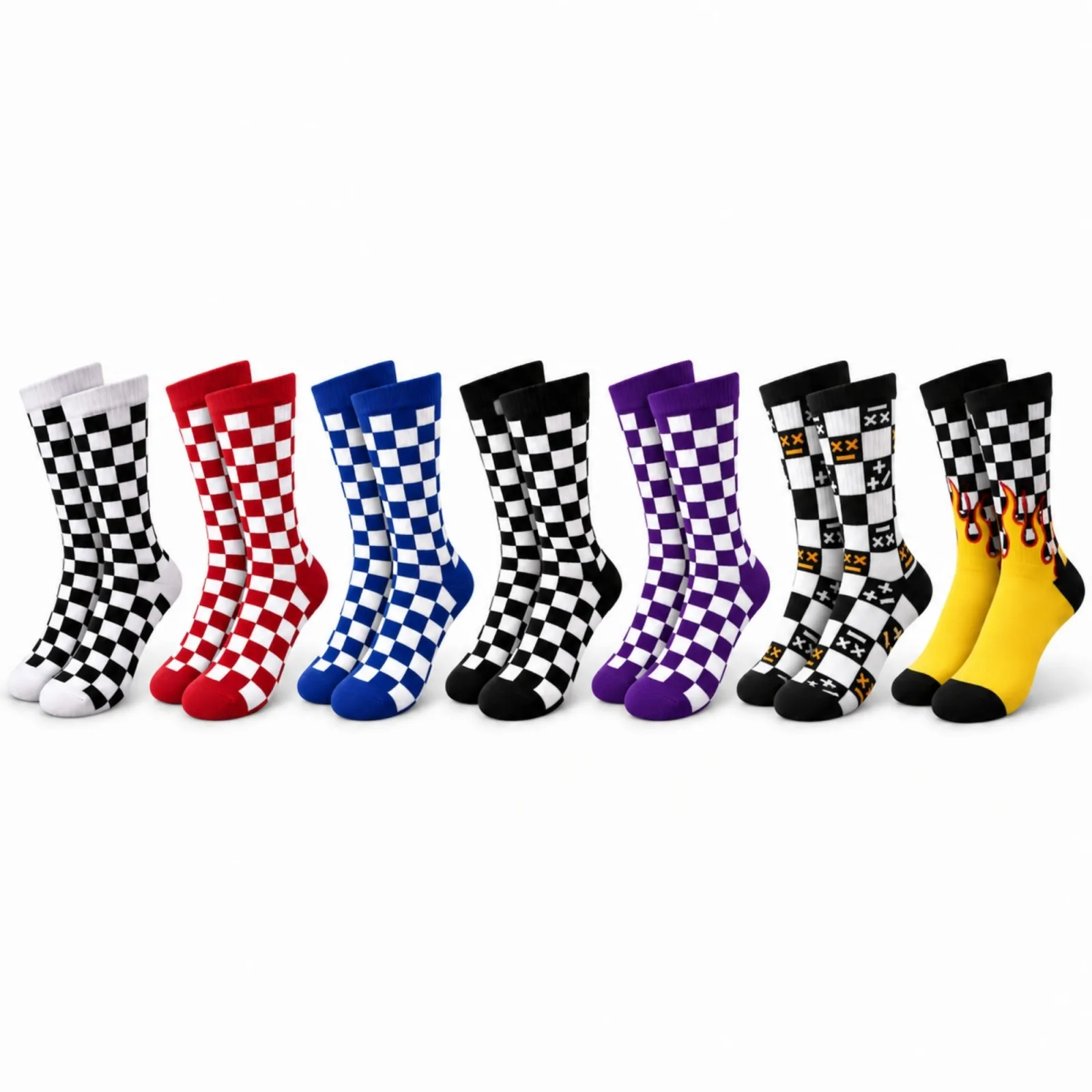 UNİSEX Çorap Dama Desenli Renkli 7'li Set Kareli Alev Baskılı Uzun Soket Günlük Spor Çorabı - Unisex Çorap