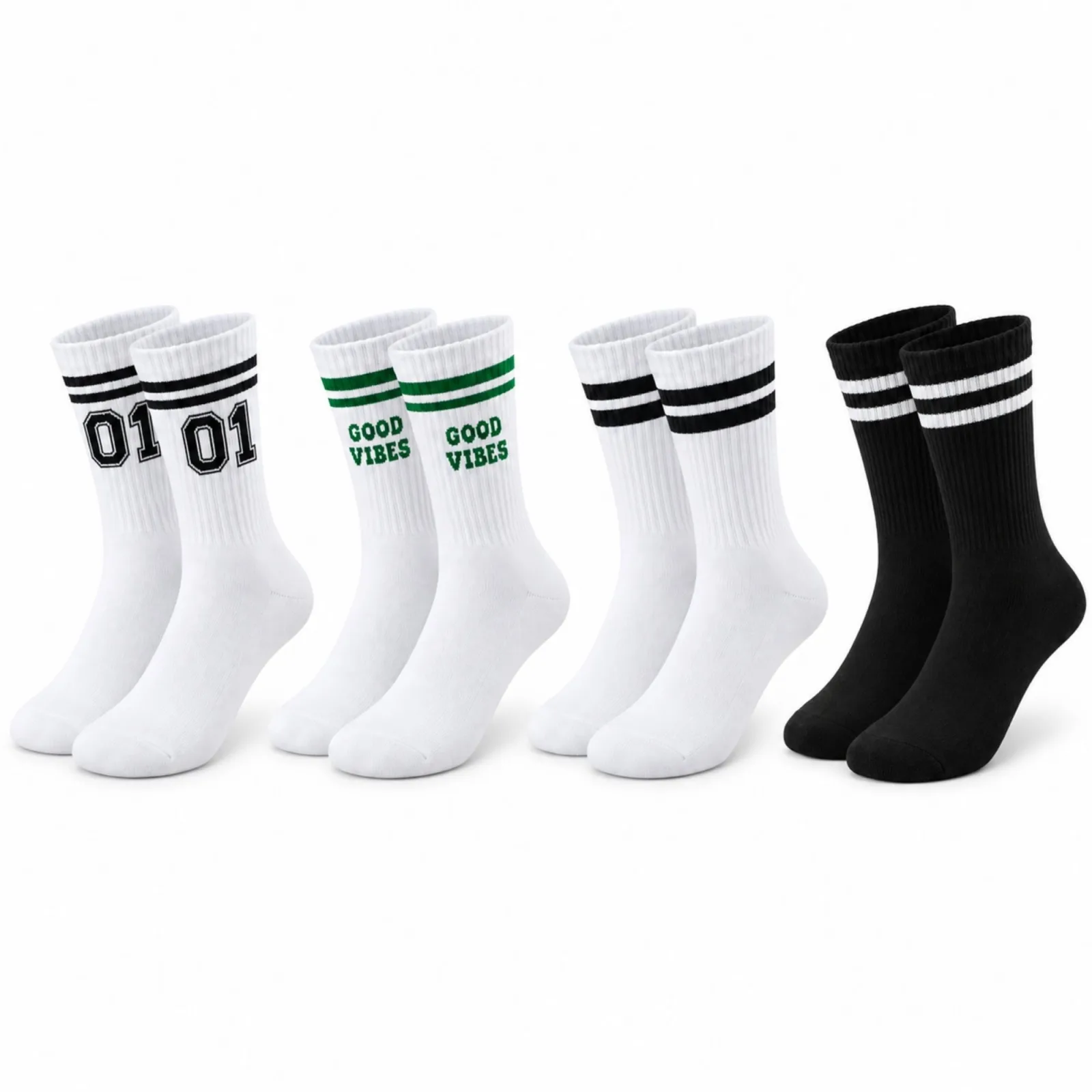 Unisex Çorap Çizgili 4'lü Set 07 Good Vibes Baskılı Siyah Beyaz Uzun Soket Spor Kolej Stil Rahat Şık - Unisex Çorap