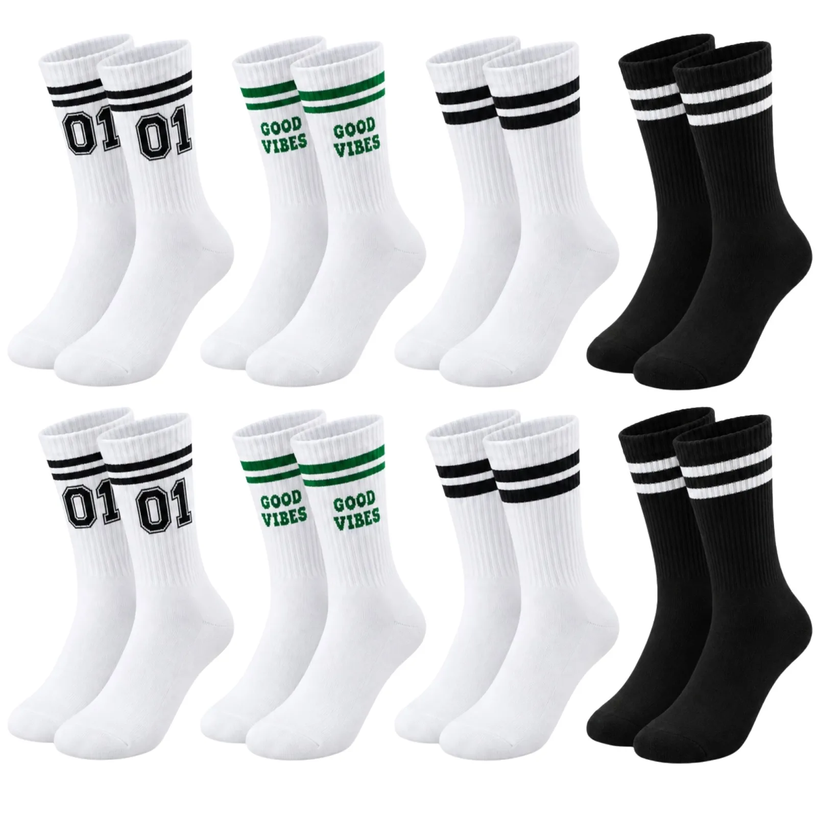 Unisex Çorap Çizgili 8'li Set 07 Good Vibes Baskılı Siyah Beyaz Uzun Soket Spor Kolej Stil Çorap - Unisex Çorap