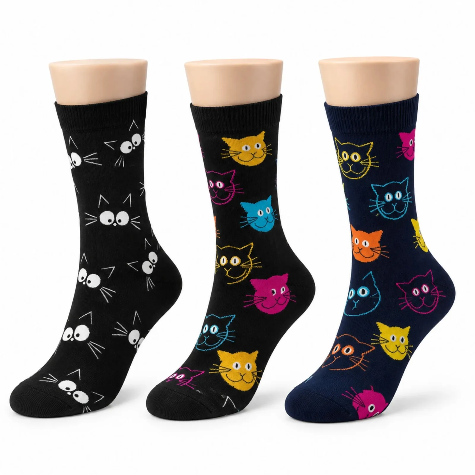 Unisex Kedi Desenli Çorap 3'lü Set Pamuklu Renkli Uzun Soket Dikişsiz Nefes Alan Rahat Günlük Çorap - Unisex Çorap