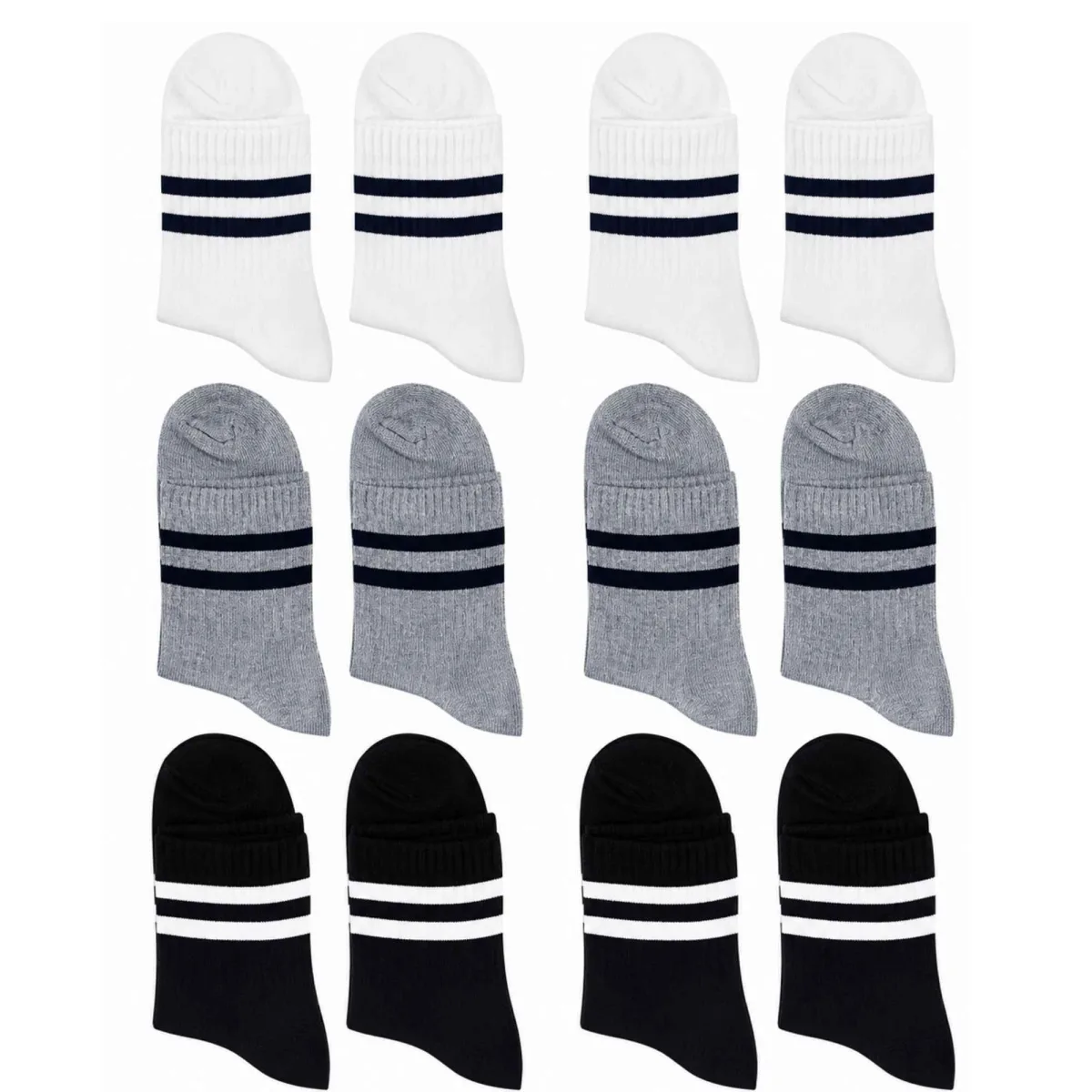 Unisex Çizgili Bilek Çorap 12'li | %80 Pamuklu Dikişsiz Burun, Siyah Beyaz Gri Günlük Spor - Unisex Çorap